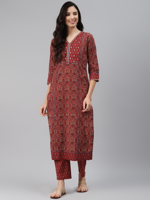 

Silai Bunai Women Red Ethnic Motifs Printed Empire Mirror Work Pure Cotton Kurta with Trousers