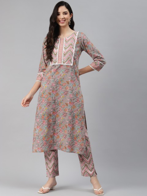 

Silai Bunai Women Grey Printed Regular Sequinned Pure Cotton Kurta with Trousers