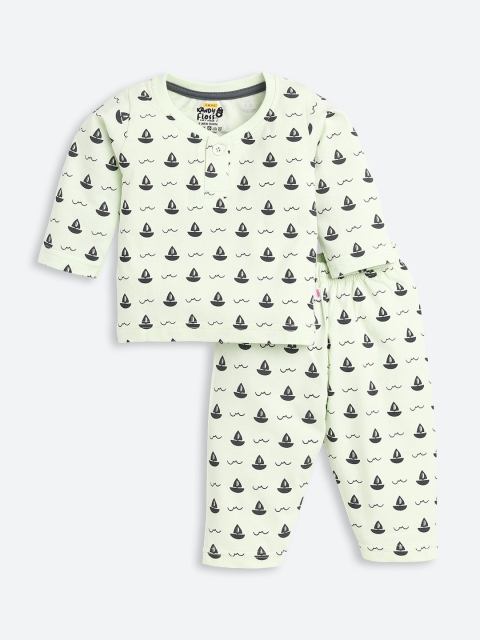 

AMUL Kandyfloss Unisex Kids Green & Black Printed Pure Cotton Night suit