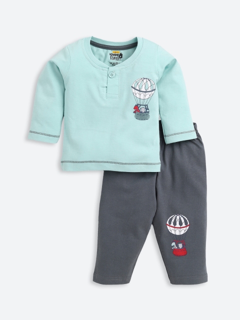 

AMUL Kandyfloss Unisex Kids Green & Grey Graphic Printed Pure Cotton Night Suit