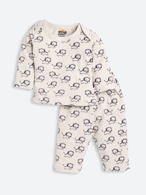 

AMUL Kandyfloss Unisex Kids Off White & Black Printed Pure Cotton Night suit
