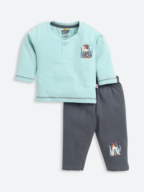 

AMUL Kandyfloss Unisex Kids Green & Grey Printed Pure Cotton Night suit