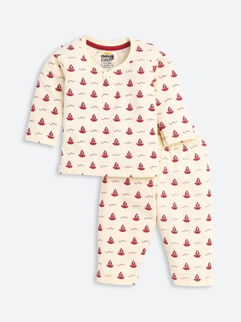 

AMUL Kandyfloss Unisex Kids Cream-Coloured & Red Printed Night suit