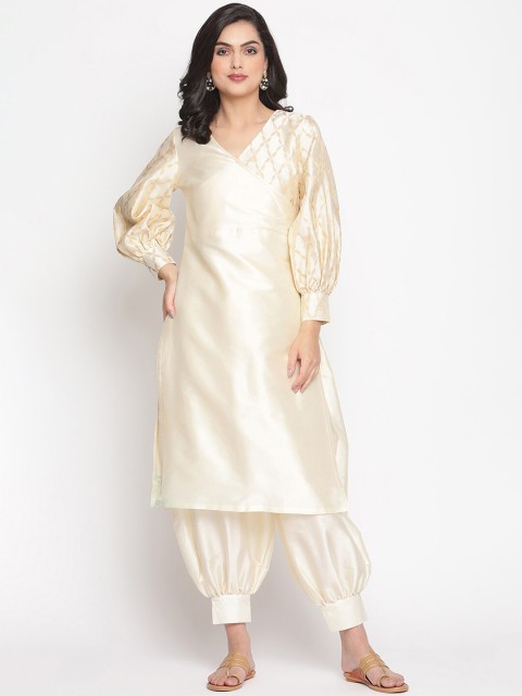 

Abhishti Women Cream-Coloured Woven Design Jacquard Kurta