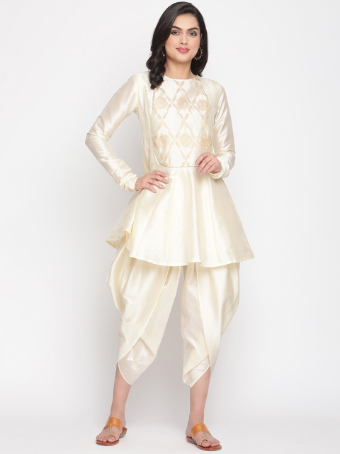 

Abhishti Cream-Coloured & Gold-Toned Yoke Design Woven Design Banarasi Kurti