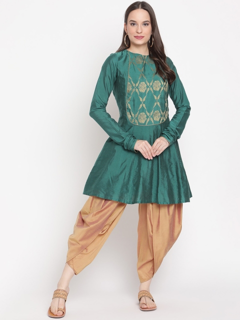 

Abhishti Green & Gold-Toned Yoke Design Woven Design Banarasi Kurti