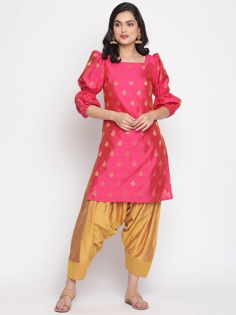 

Abhishti Women Pink Ethnic Motifs Woven Design Banarasi Kurta Set