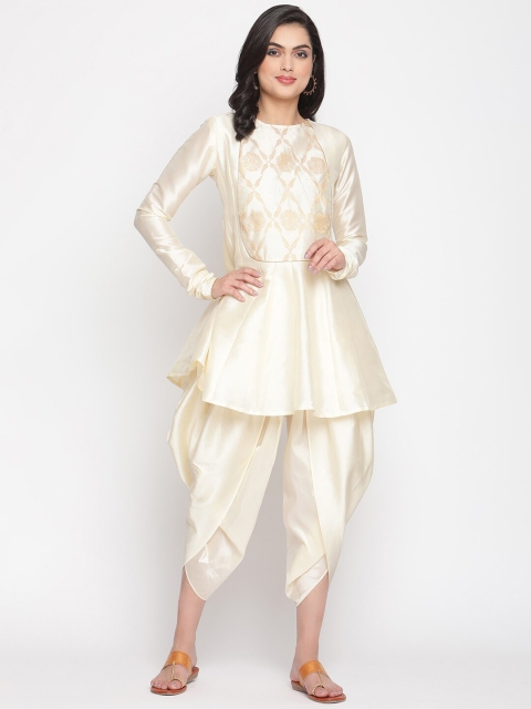 

Abhishti Women Cream-Coloured Floral Regular Kurti with Trousers