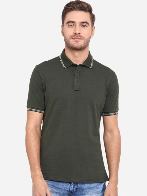 

JADE BLUE Men Olive Green Polo Collar Slim Fit Cotton T-shirt