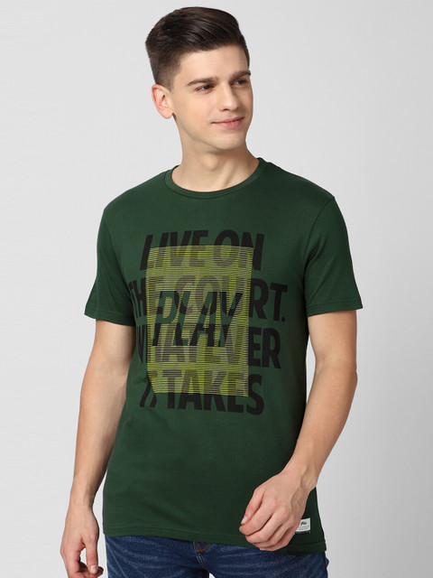 

Peter England Casuals Men Green Typography Printed Raw Edge T-shirt