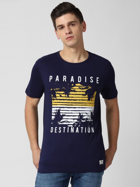 

Peter England Casuals Men Navy Blue Printed Raw Edge T-shirt