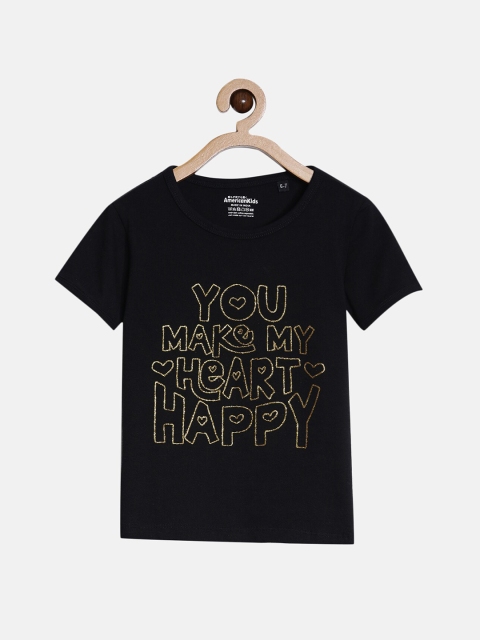

American Kids Girls Black Typography Printed Applique T-shirt