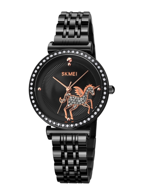 

Skmei Women Black Embellished Dial & Black Stainless Steel Bracelet Style Straps Analogue Watch