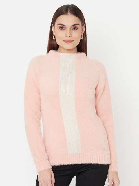 

METTLE Women Pink & White Colourblocked Fur Pullover Sweater