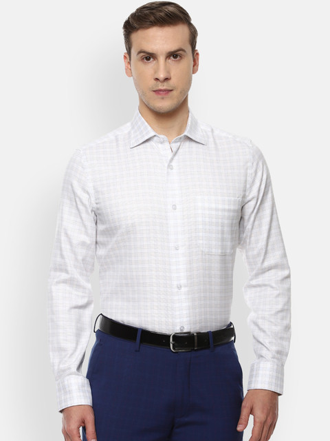 

Louis Philippe Permapress Men White & Beige Opaque Checked Pure Cotton Formal Shirt