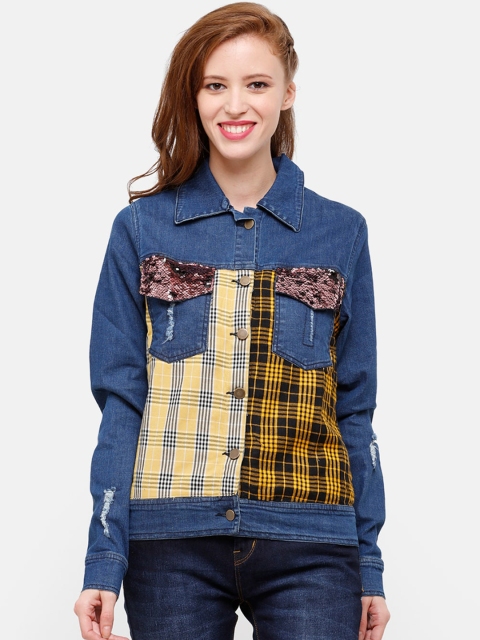 

STROP Women Blue Check Sequined Lightweight Crop Denim Jacket