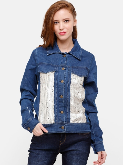 

STROP Women Blue White Washed Lightweight Sequined Denim Jacket