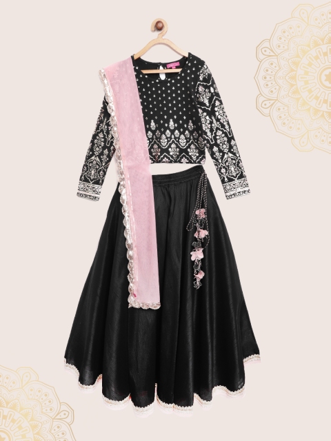 

Biba Girls Black & Gold-Toned Floral Print Lehenga & Blouse With Dupatta