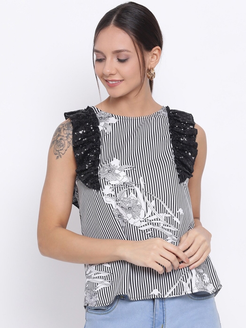 

DRAAX FASHIONS Women Black & Off-White Floral Printed Top
