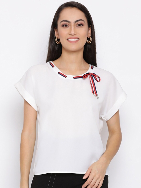 

DRAAX Fashions White Tie-Up Neck Extended Sleeves Regular Top