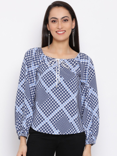 

DRAAX Fashions Women Blue & White Printed Regular Top