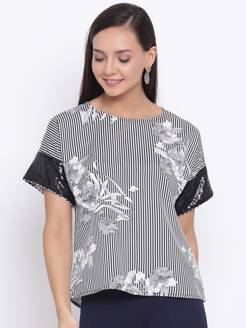 

DRAAX FASHIONS Women Black & White Striped Sheer Top