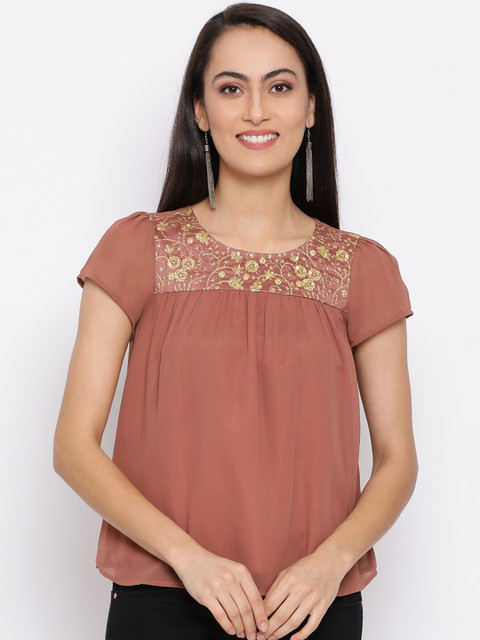 

DRAAX Fashions Brown A-Line Top with Embroidered detail