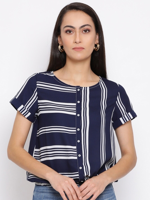 

DRAAX Fashions Navy Blue & Off White Striped Shirt Style Top