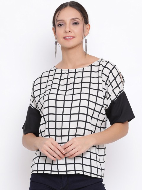 

DRAAX FASHIONS Women Off-White & Black Check Top With Yoke