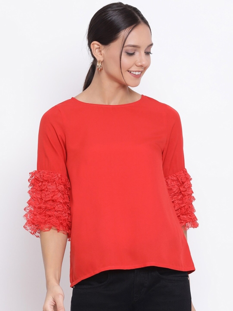 

DRAAX FASHIONS Women Red Solid Top With Net Sleeves