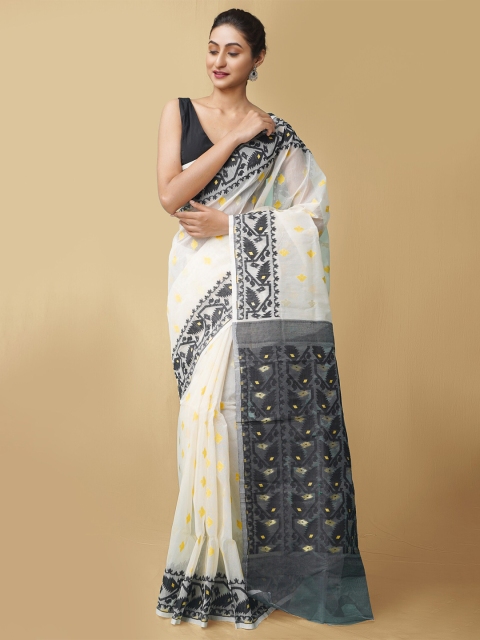

Unnati Silks Women Cream-Coloured & Black Pure Handloom Dhaka Jamdhani Bengal Tant Cotton Saree