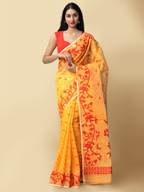 

Unnati Silks Women Orange & Red Pure Handloom Dhaka Jamdhani Bengal Tant Cotton Saree