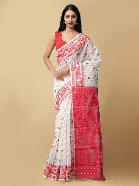 

Unnati Silks Women Cream-Coloured & Red Pure Handloom Dhaka Jamdhani Bengal Tant Cotton Saree