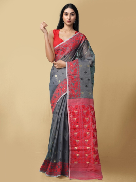 

Unnati Silks Women Grey & Red Pure Handloom Dhaka Jamdhani Bengal Tant Cotton Sustainable Saree