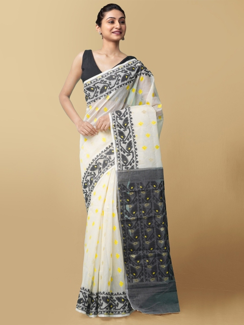 

Unnati Silks Women Grey & Cream-Coloured Pure Handloom Dhaka Jamdhani Bengal Tant Cotton Sustainable Saree