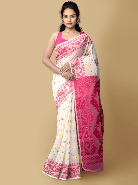 

Unnati Silks Women Cream-Coloured & Fuchsia Pure Handloom Dhaka Jamdhani Bengal Tant Cotton Sustainable Saree