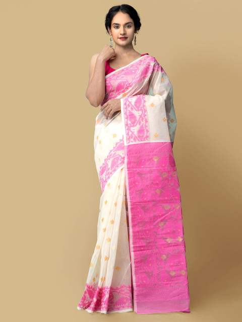 

Unnati Silks Women Cream-Coloured & Magenta Pure Handloom Dhaka Jamdhani Bengal Tant Cotton Sustainable Saree