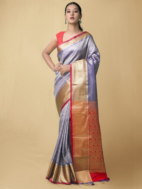 

Unnati Silks Blue & Red Floral Zari Kanjeevaram Saree