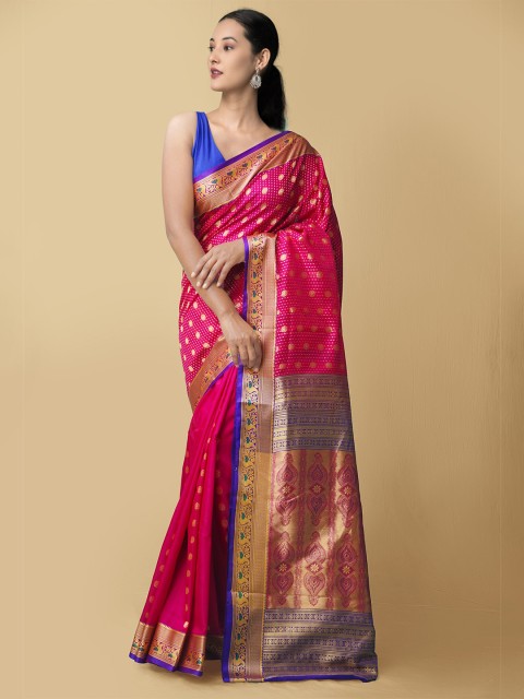 

Unnati Silks Pink & Blue Woven Design Zari Silk Blend Kanjeevaram Saree