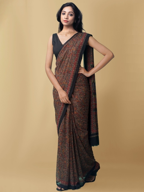 

Unnati Silks Black & Brown Ethnic Motifs Block Print Saree
