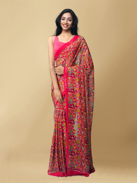 

Unnati Silks Pink & Green Ethnic Motifs Saree