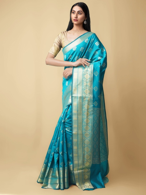 

Unnati Silks Green & Gold-Toned Woven Design Zari Silk Cotton Mysore Silk Saree