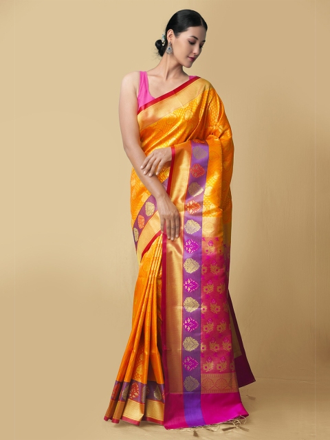 

Unnati Silks Orange & Pink Ethnic Motifs Zari Silk Blend Kanjeevaram Saree