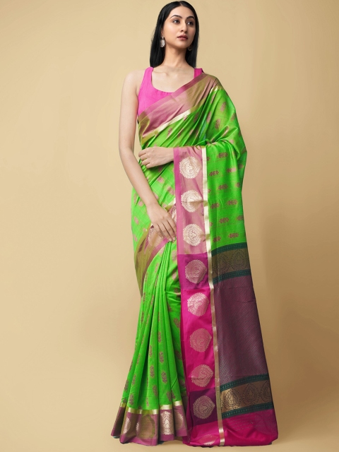 

Unnati Silks Green & Magenta Ethnic Motifs Zari Silk Cotton Mysore Silk Saree