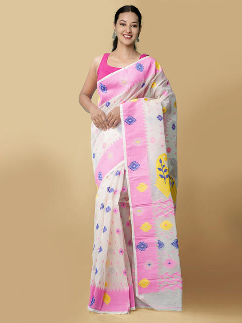 

Unnati Silks Women Cream-Coloured & Pink Pure Handloom Dhaka Jamdhani Bengal Tant Cotton Sustainable Saree