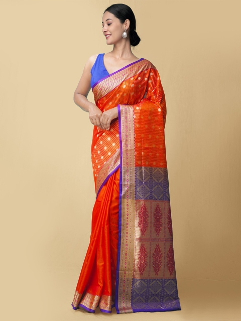 

Unnati Silks Orange & Gold-Toned Woven Design Zari Kanjeevaram Saree
