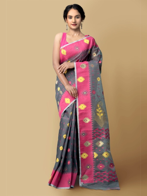

Unnati Silks Grey & Pink Geometric Woven Design Jamdhani Bengal Taant Pure Cotton Saree