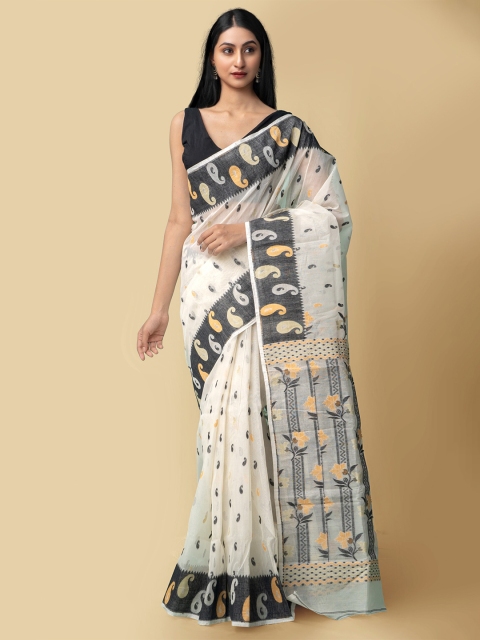 

Unnati Silks Cream-Coloured & Yellow Woven Design Pure Cotton Jamdani Saree