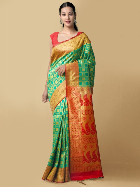 

Unnati Silks Green & Red Ethnic Motifs Zari Kanjeevaram Saree