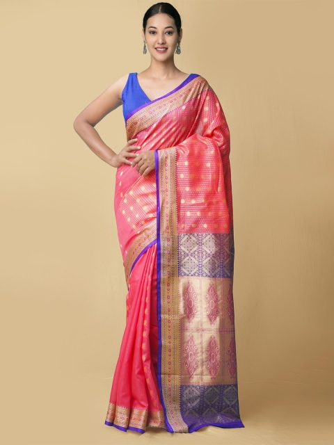 

Unnati Silks Pink & Blue Woven Design Zari Silk Blend Kanjeevaram Saree